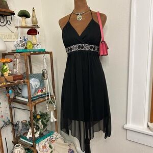 Y2K Fairycore Black Halter Neck Dress w Asymmetrical Hem & Sequin Band by Deb